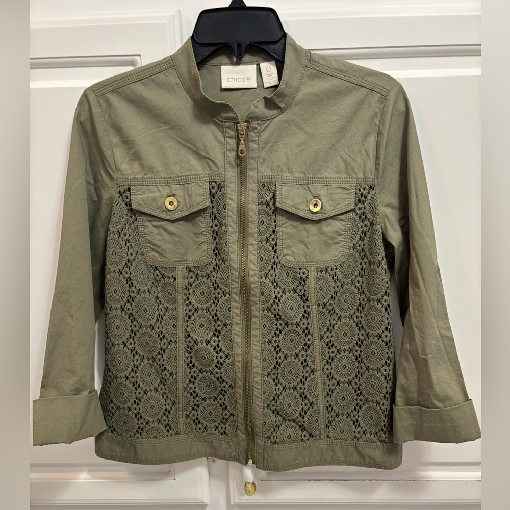 Chico’s Green Lightweight Crochet Front Zip Jacket Women’s Size Small Chico’s 0